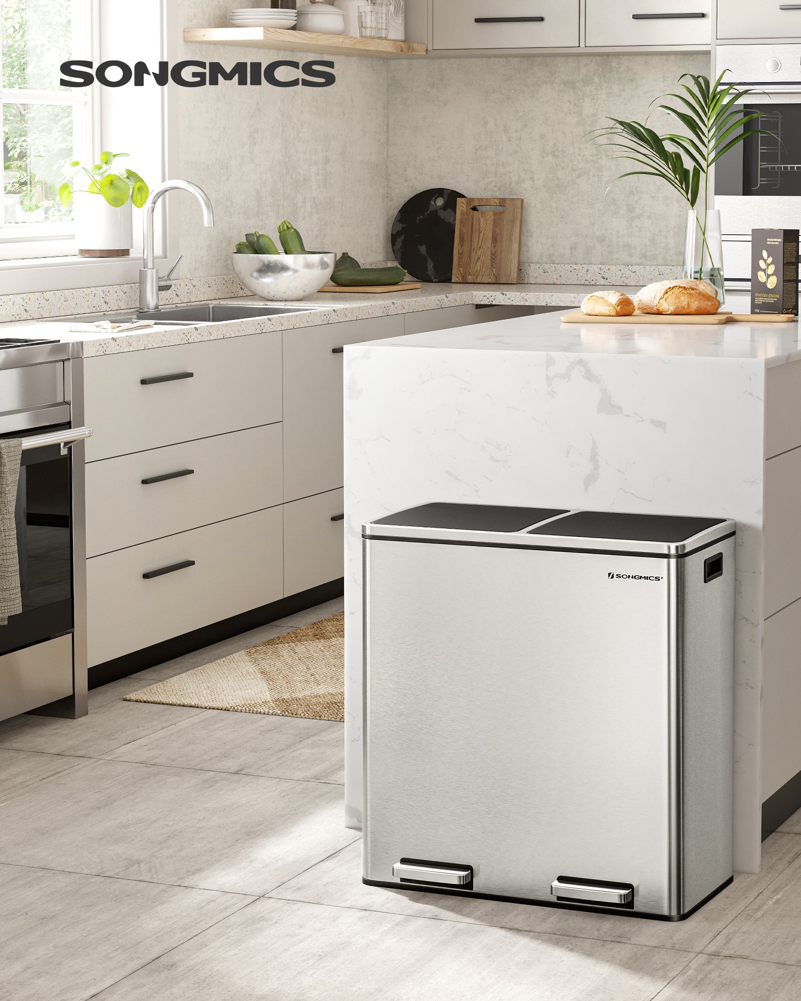 Poubelle à Double Compartiment 2 x 30L, avec 15 Sacs Poubelles, Pédales en Métal - 2