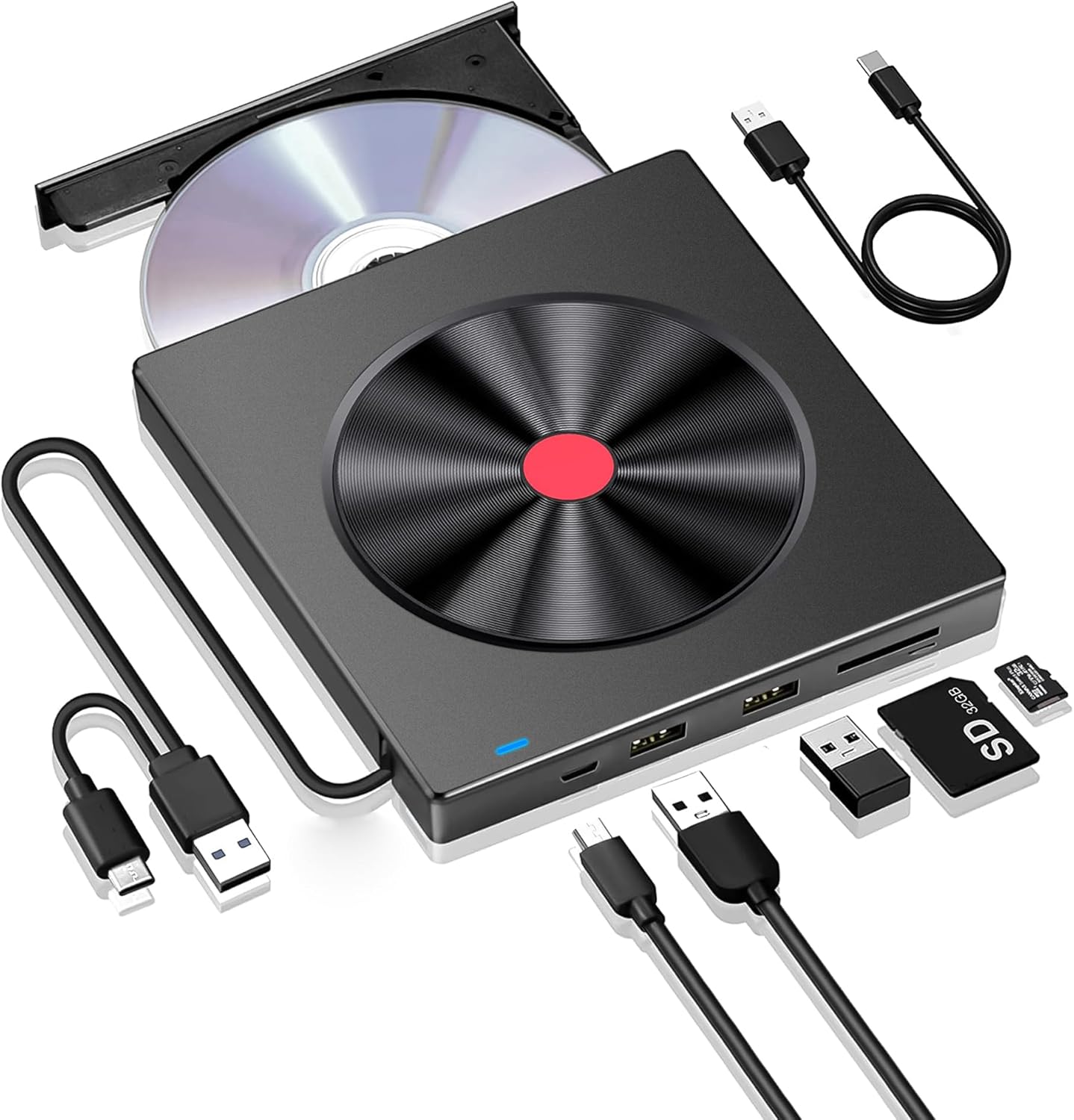 Zewnętrzna nagrywarka i odtwarzacz CD DVD USB 3.0 + Type-C, czytnik kart SD TF, kompatybilny z PC/Windows 11/10/8