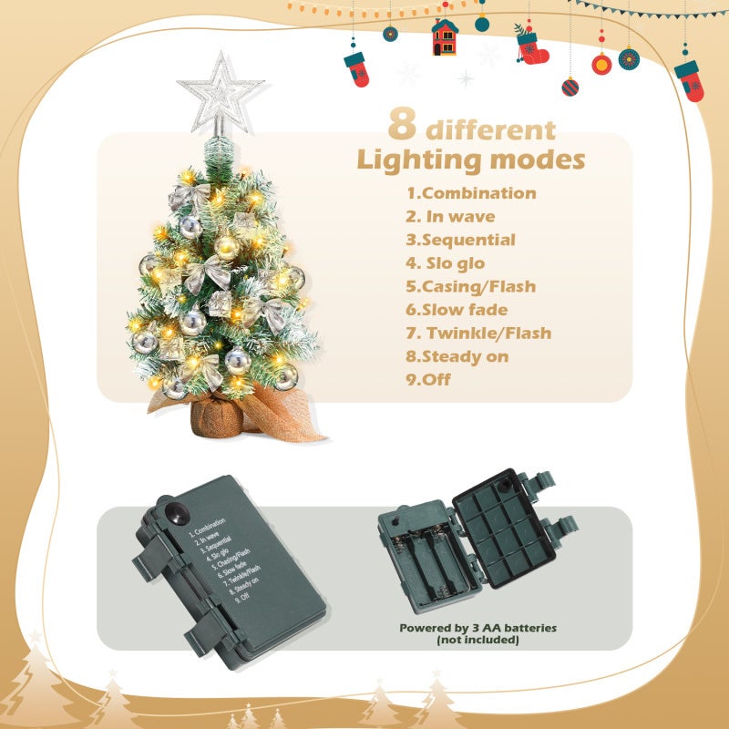 40 cm choinka stołowa, miniaturowe sztuczne choinki ze światłem, czubkiem i ozdobami choinkowymi, ozdoby świąteczne, srebro - 4