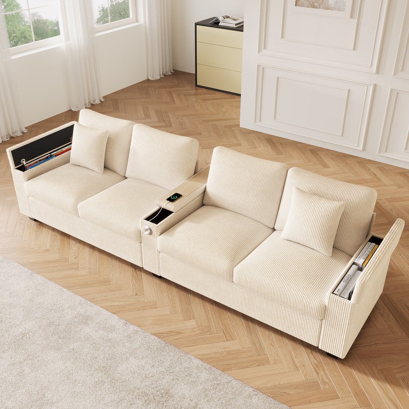 Nowoczesna sofa 4-osobowa - z rozkładaną konsolą środkową - z portami ładowania USB/USB-C - beżowa