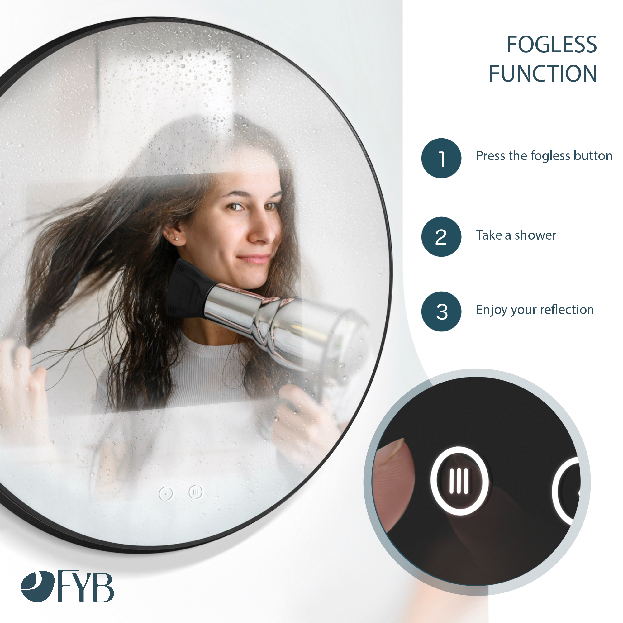 Feel Your Bath, Miroir Rond LED Réglable 80 cm, avec Interrupteur Tactile, Antibuée - Rétroéclairé Noir. - 4