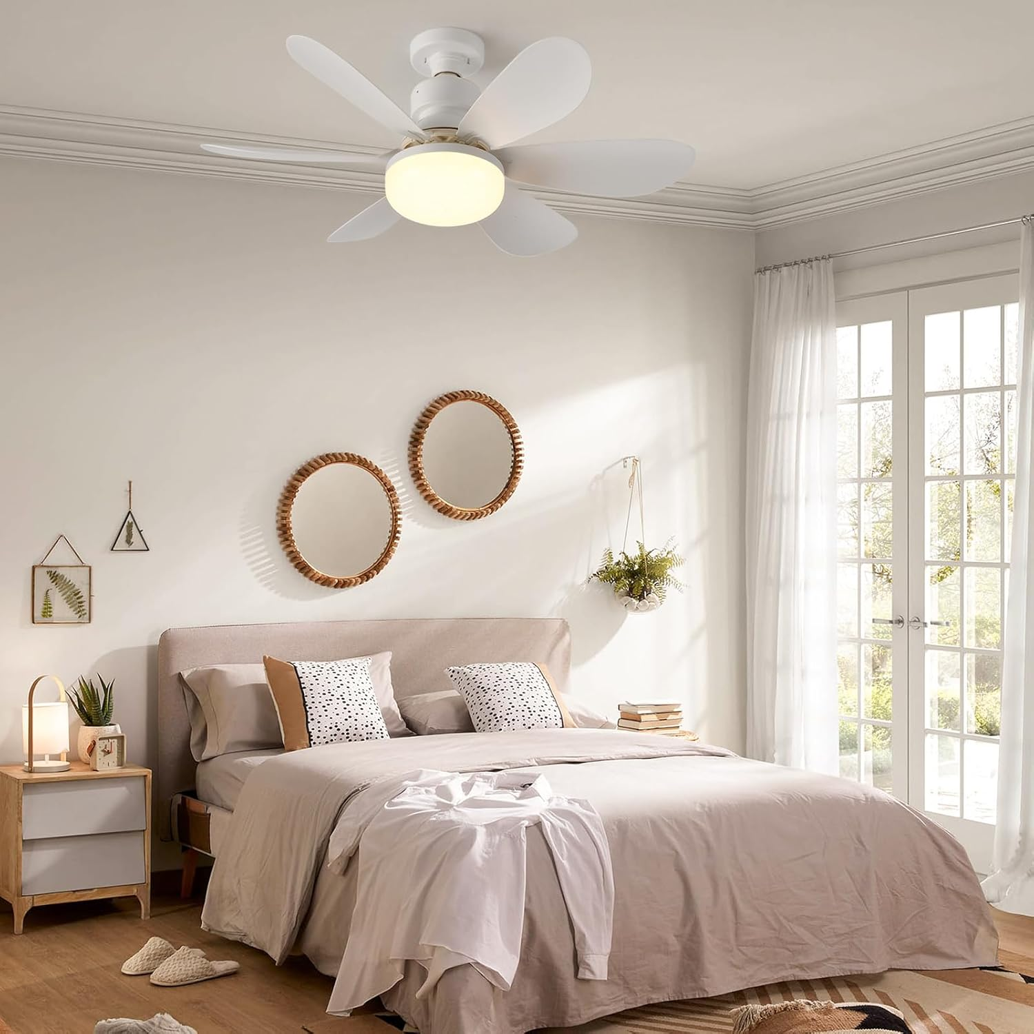 Lot de 2 ventilateurs de plafond avec lumière et télécommande, petit ventilateur de plafond LED à intensité variable de 52 cm avec douille E27 - 9