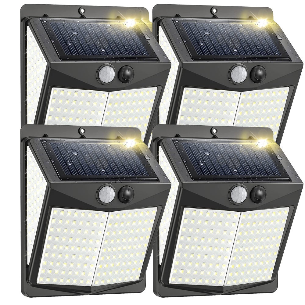Zestaw 4 solarnych lamp bezpieczeństwa zewnętrznych z 238 diodami LED i 3 trybami czujnika ruchu, szeroki kąt 270°, wodoodporność IP65