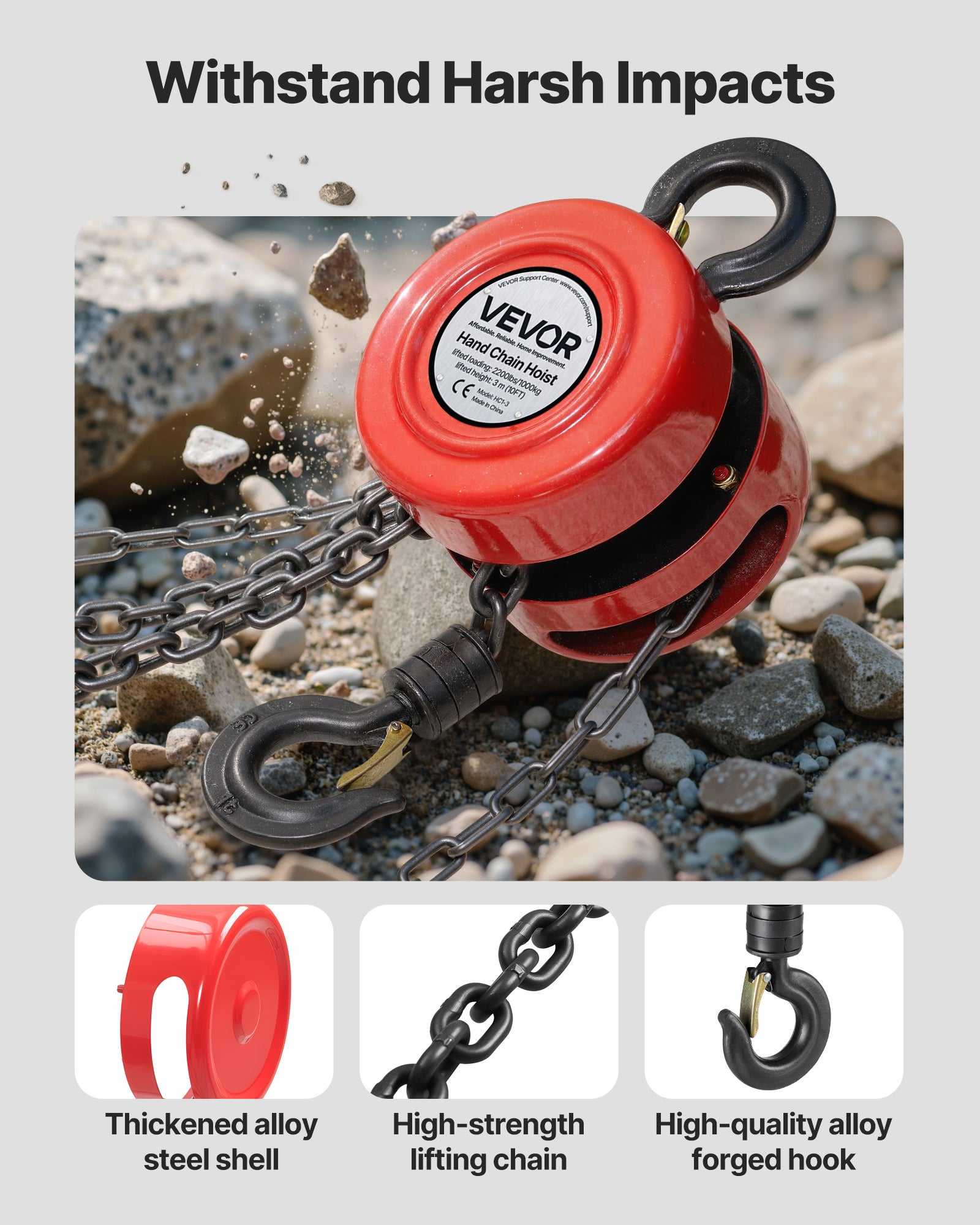 Polipasto manual VEVOR 1 T, altura 3 m, cadena G70, freno de seguridad, gancho fuerte, para garaje, obra, almacén, rojo - 5