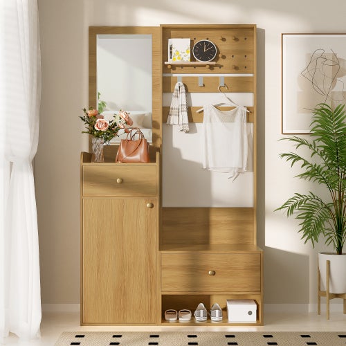Armoire compacte, étagère d'entrée multifonctionnelle et moderne – élégant meuble de rangement couleur bois avec miroir, crochets, 105 cm - 2