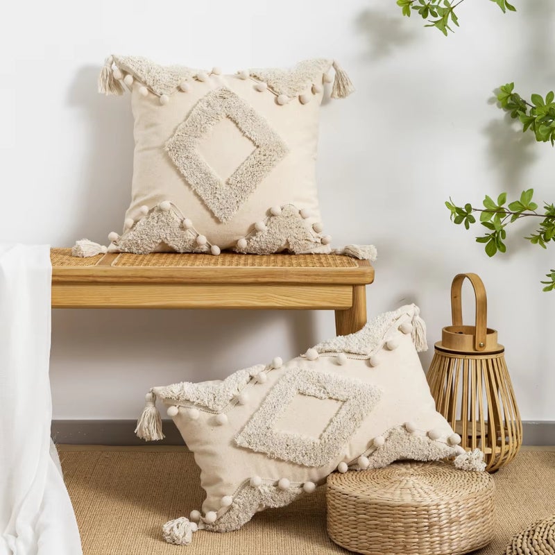 Lot de 2 taies d'oreiller décoratives touffetées, housses de coussin de canapé à pompons, taies d'oreiller taille blanc cassé, 30 x 50 cm (sans noyau) - 6