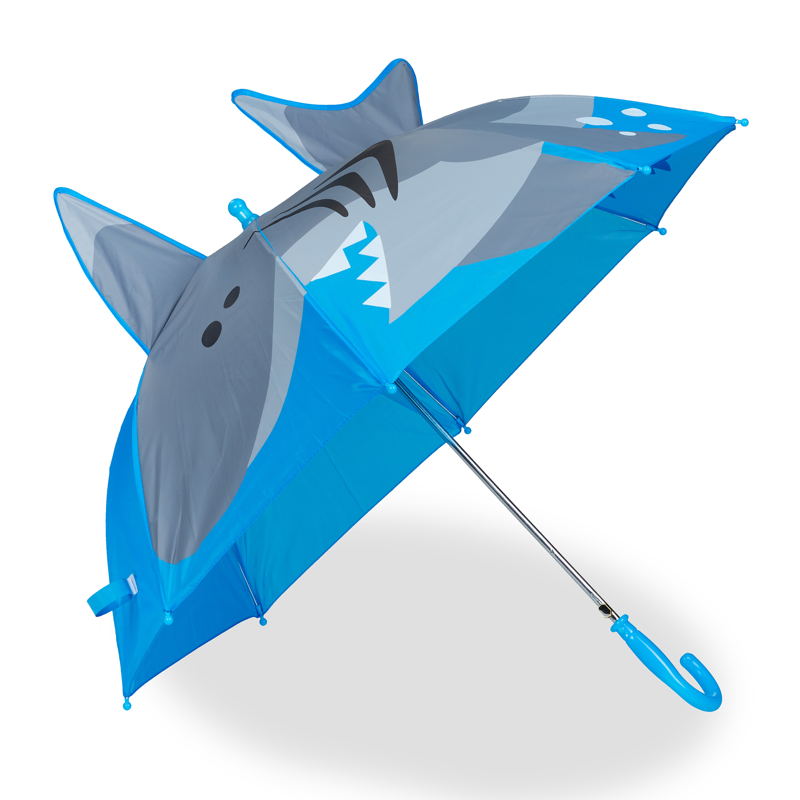Relaxdays paraguas infantil 3d temático de tiburones, automático, niños, 78cm ø, varillas punta redondeada, azul y gris