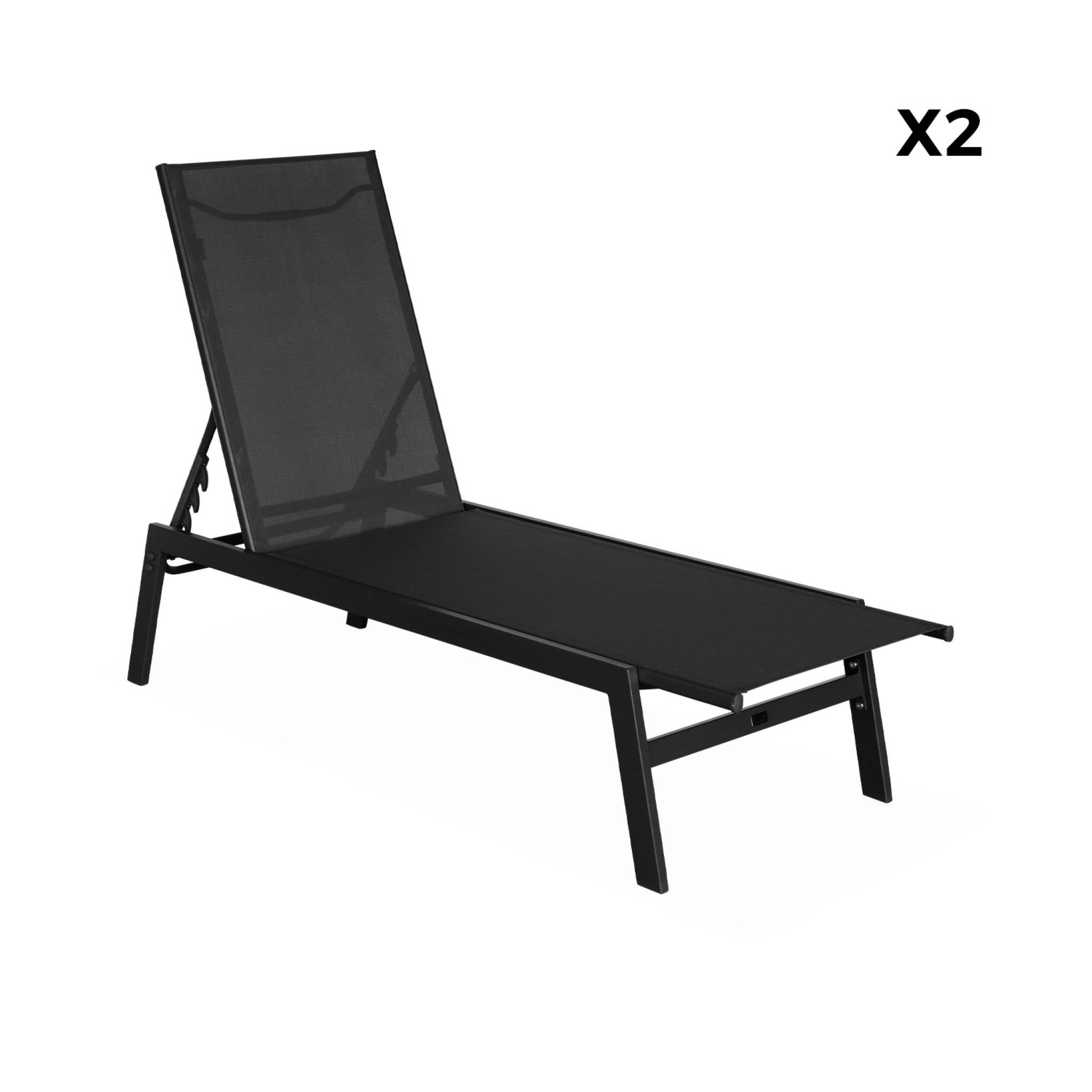 Lot de 2 transats noir. 5 positions. en textilène et métal. FLORA. L155 x P59 x H106cm FLORA - 5