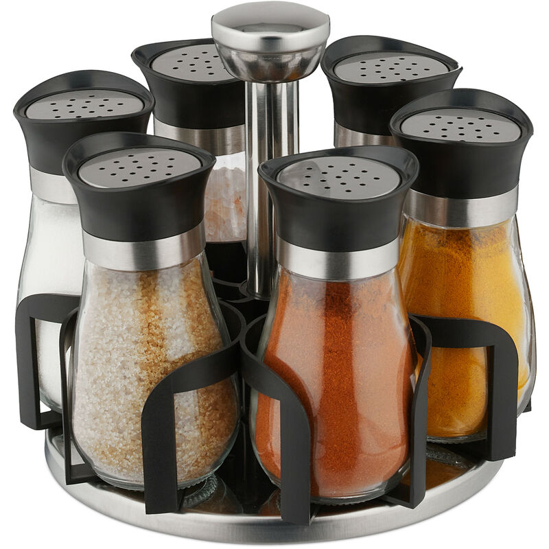 Półka na przyprawy z 6 słoikami, półka obrotowa 360°, stal nierdzewna, szkło, wys. x gł. 16 x 17 cm, karuzela, srebrno-czarna