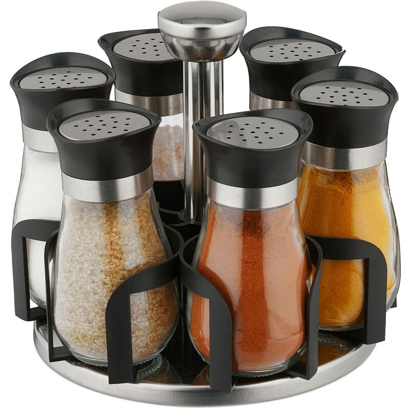 Półka na przyprawy z 6 słoikami, półka obrotowa 360°, stal nierdzewna, szkło, wys. x gł. 16 x 17 cm, karuzela, srebrno-czarna