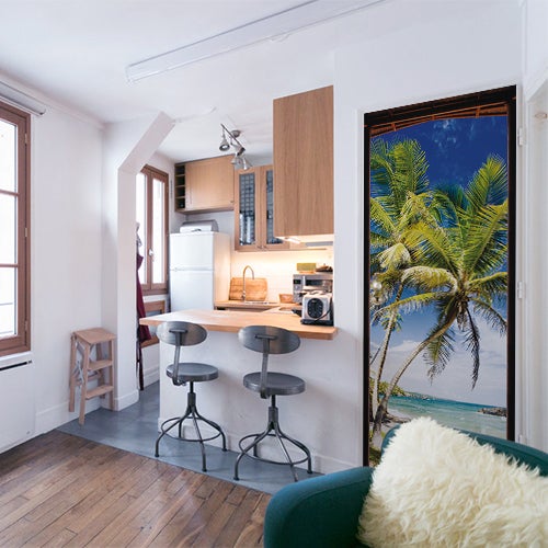 Sticker Porte Trompe-l'œil 3D Palmiers Tropicaux – Autocollant Mural PVC, 77x200 Cm. Facile à Poser, Décore Ta Porte En Un Clin D'œil !
