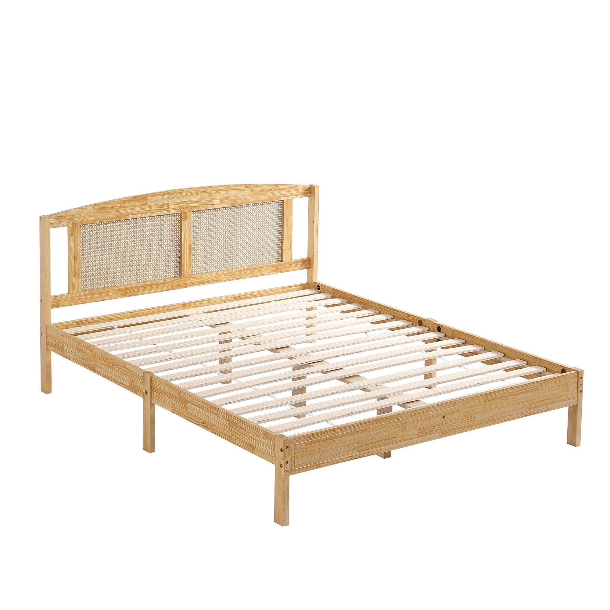 Lit double pour adultes 160 x 200 cm, structure en rotin, avec 15 lattes et un pied central, couleur bois naturel - 7