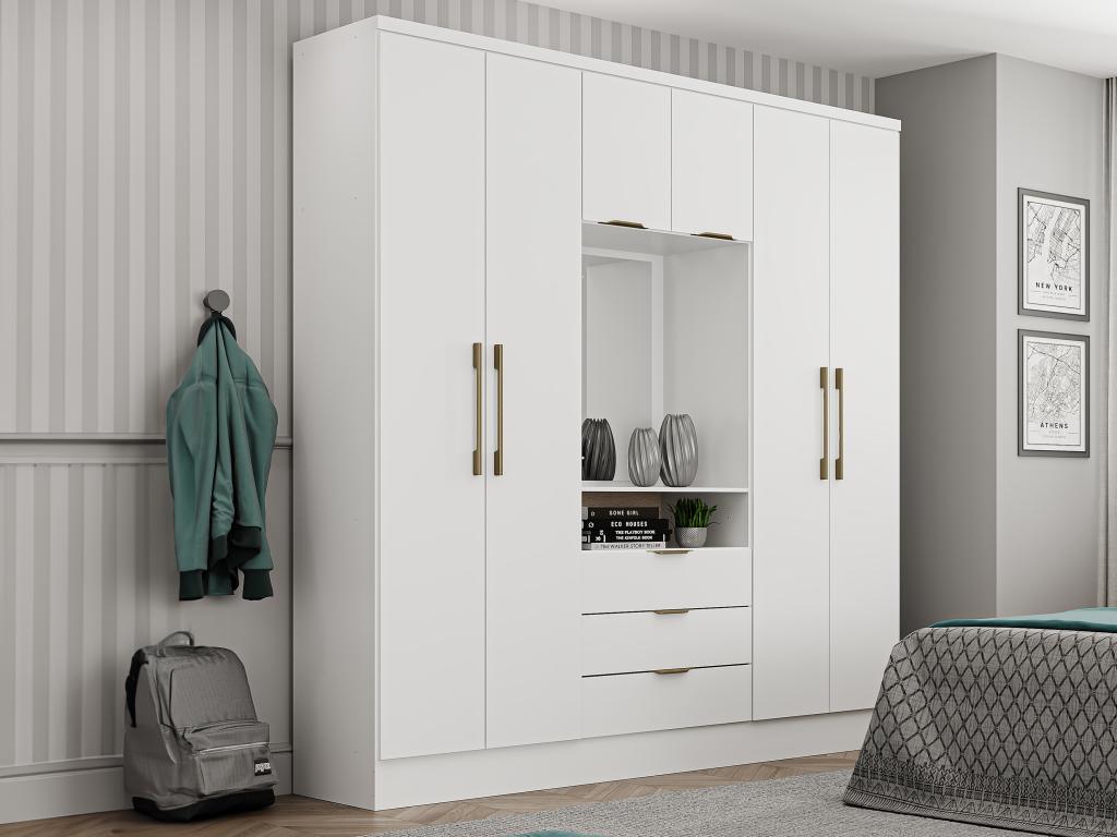 Szafa 6 drzwi i 3 szuflady - Z lustrem - szer. 180 cm - Kolor: Biały - ELORIO