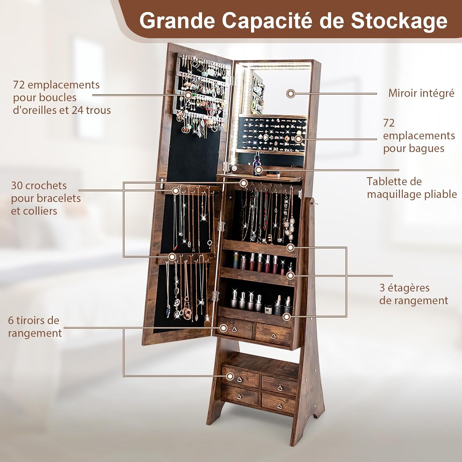 Armoire à Bijoux avec Miroir Pleine Longueur,Organisateur de Bijoux avec Miroir & Lumières LED Intégrées,Étagère de Maquillage Pliable(Marron) - 5