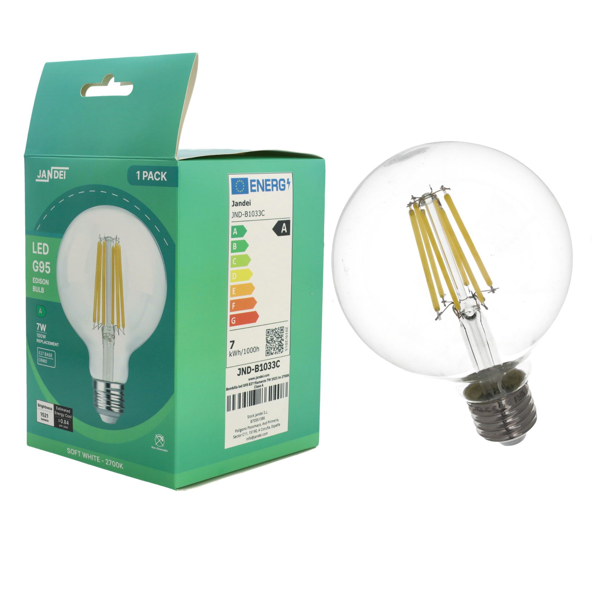 Jandei Ampoule à Led G125 E27 Globe avec Filament 7W 1521Lm Transparent et Vintage. Lumière chaude 2700K - 3