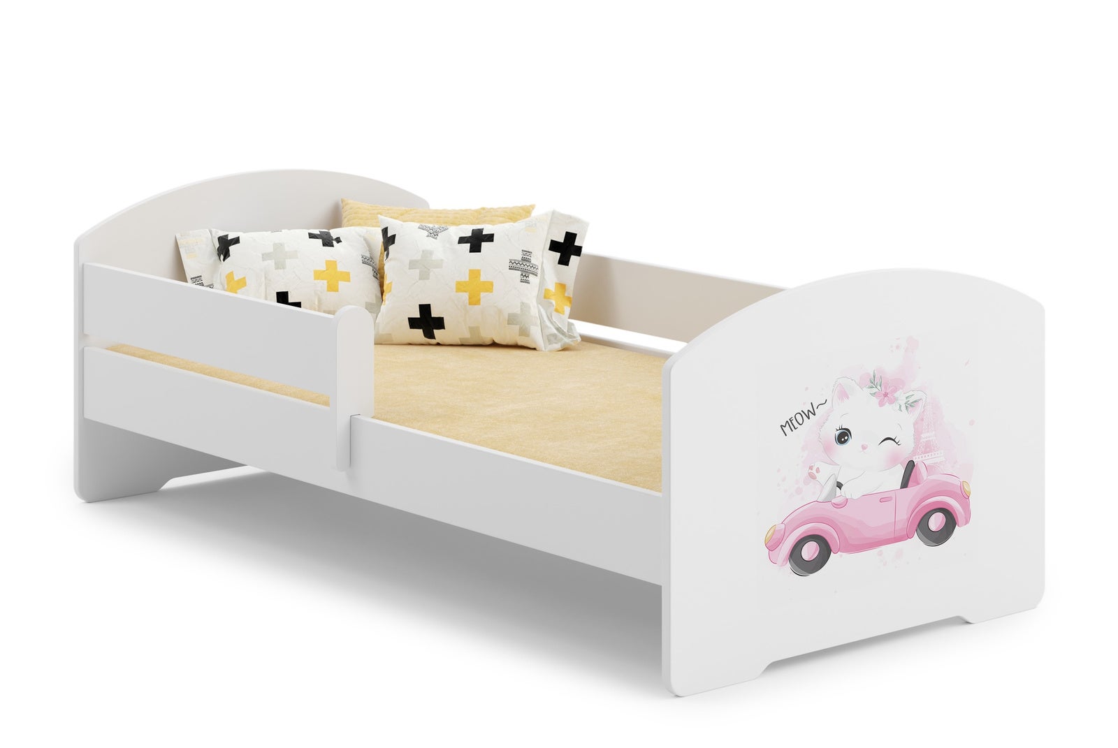 Białe Łóżko Dziecięce 140x70 cm z Motywem Kota i Barierką – W Zestawie Materac Piankowy i Pełna Konstrukcja, Wymiary: 144 x 77 x 56 cm