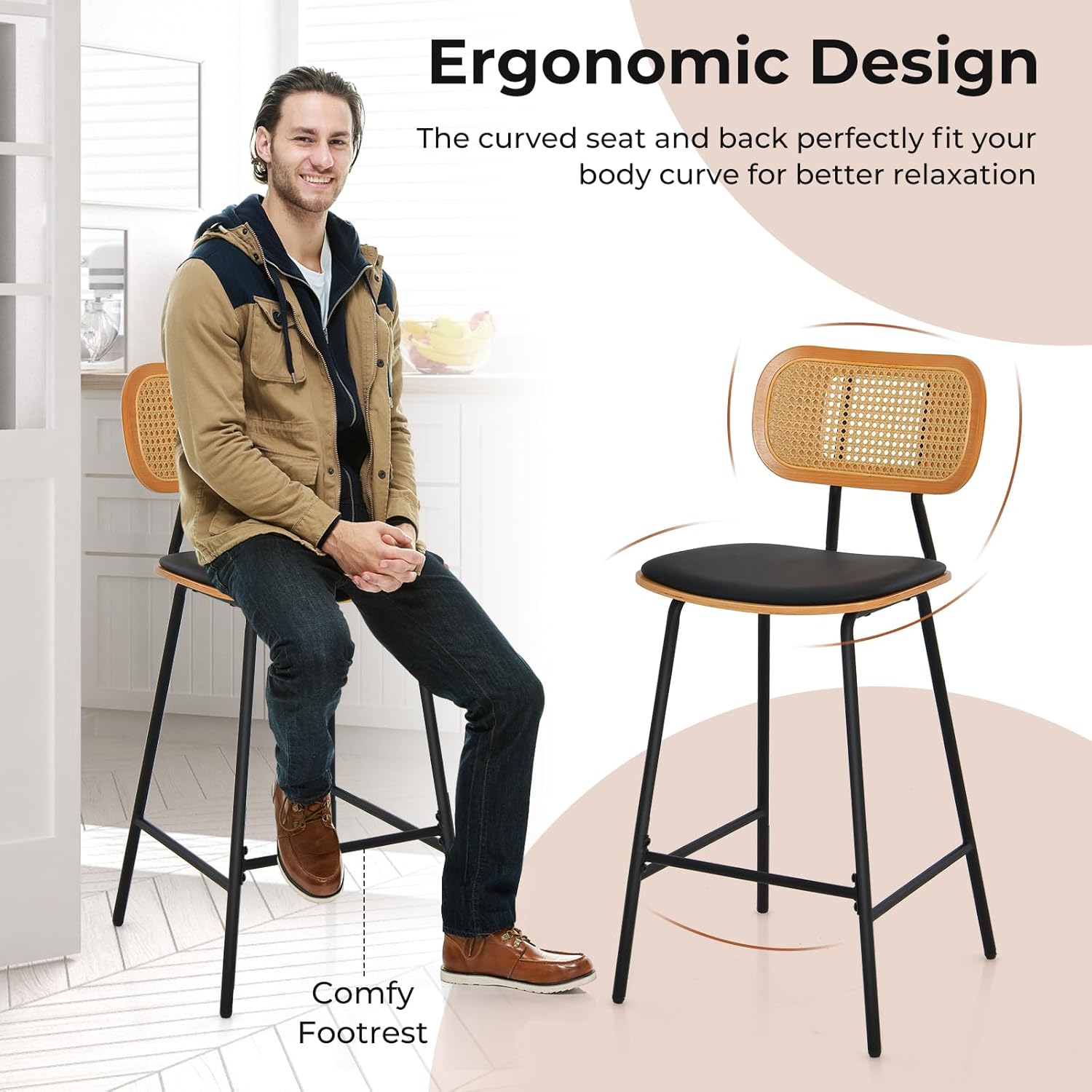 Zestaw 2 Stołków Barowych z Oparciem z Rattanu, Metalowymi Nogami, Krzesłami do Jadalni z Wygiętym Siedziskiem z Tapicerką i 3-Stronnym Podnóżkiem - 6