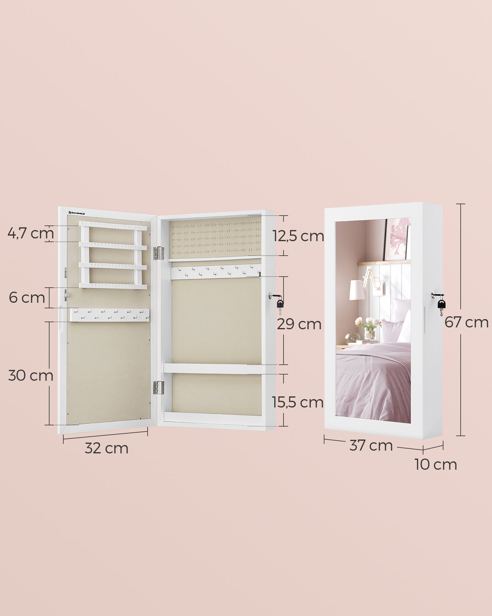 Armoire à Bijoux Murale, Organisateur de Bijoux, Rangement, Verrouillable, avec Miroir, Peu Encombrant, Surface en Blanc et Doublure en Grège - 5