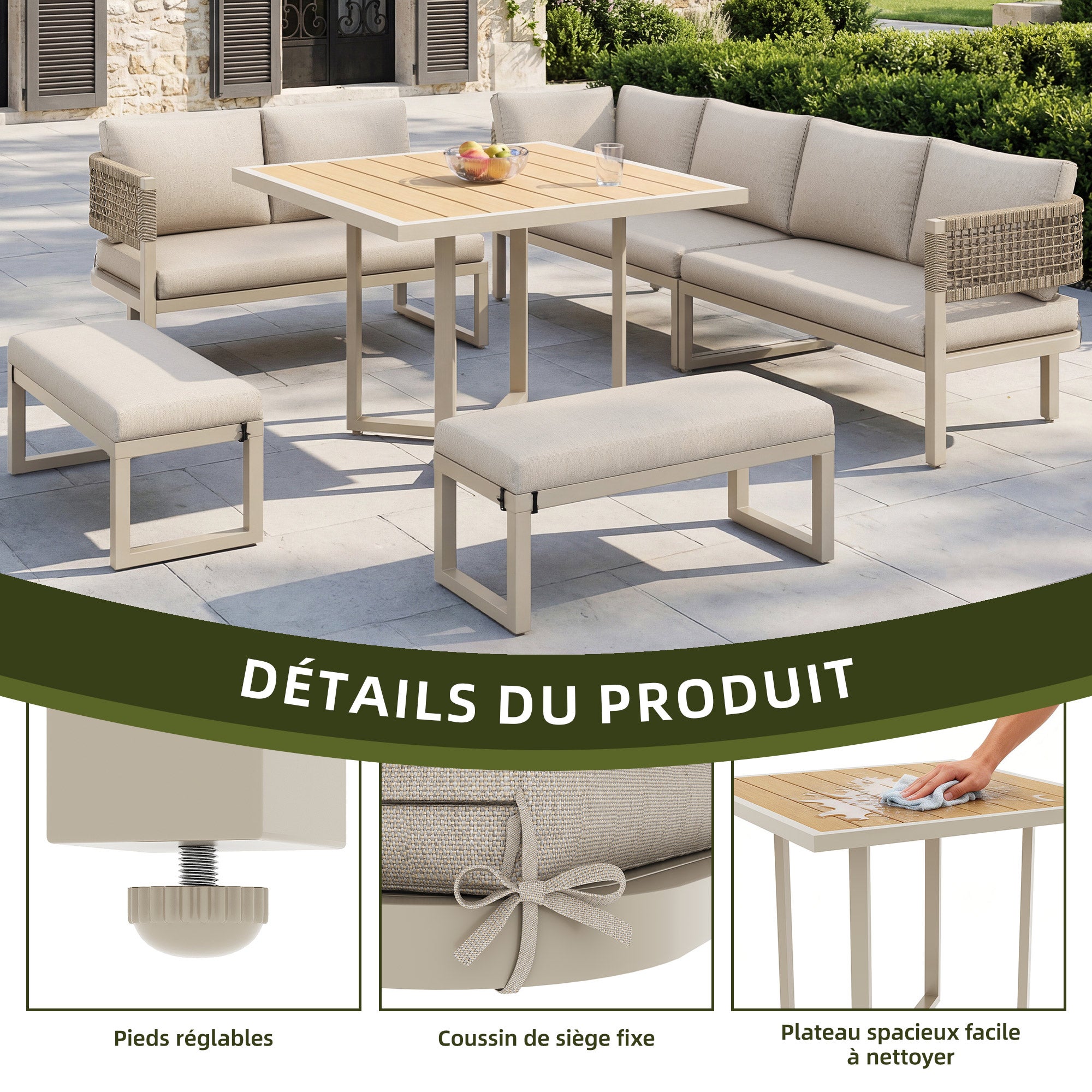 Ensemble de meubles de jardin en tressée main pour 8 à 10 personnes avec coussin, salon de jardin en métal avec canapé, table à manger, banc - beige - 5