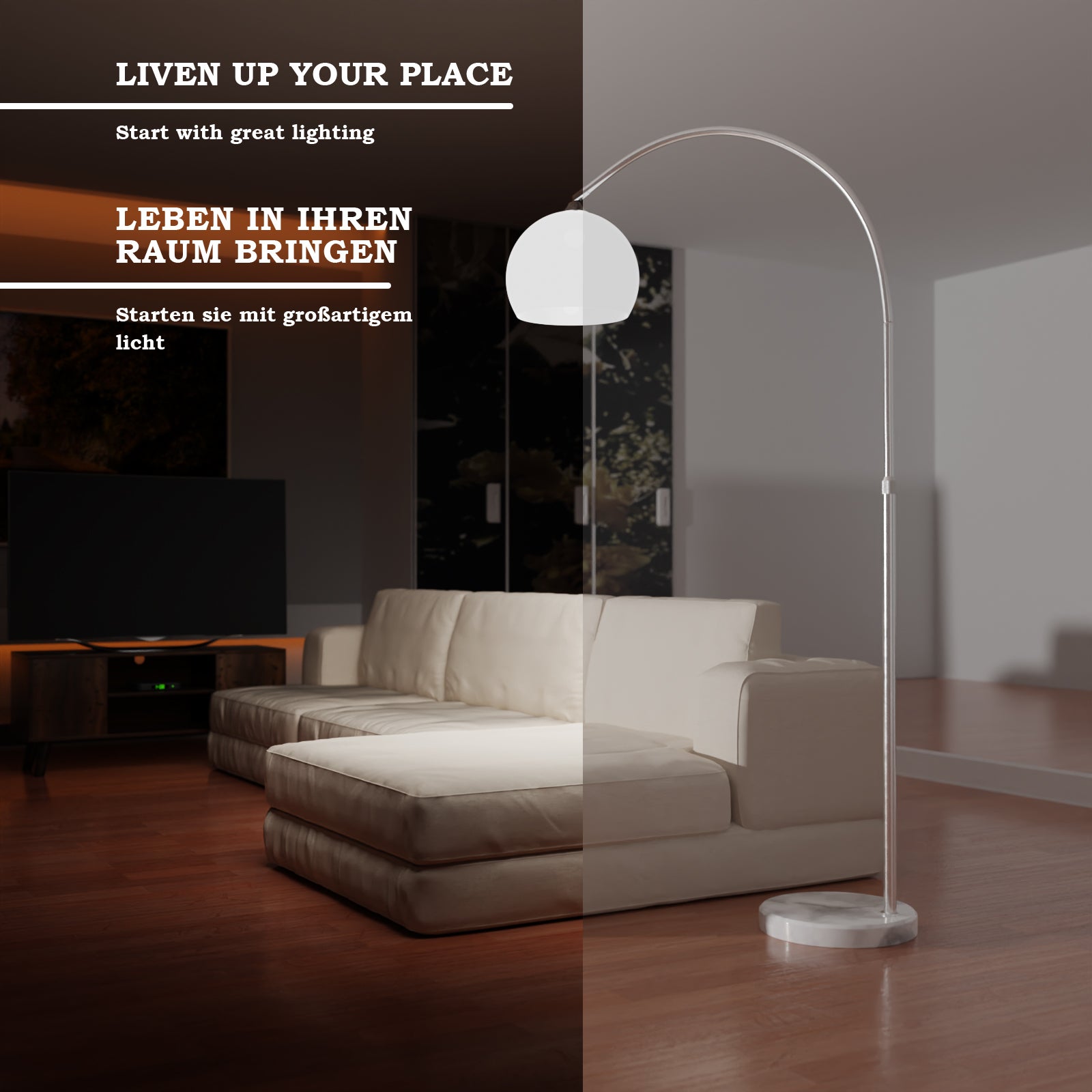 Lampe Arc - Hauteur réglable (145-220 cm), abat-jour rotatif, base ronde en marbre, E27, max. 60 W, ou LED - 2