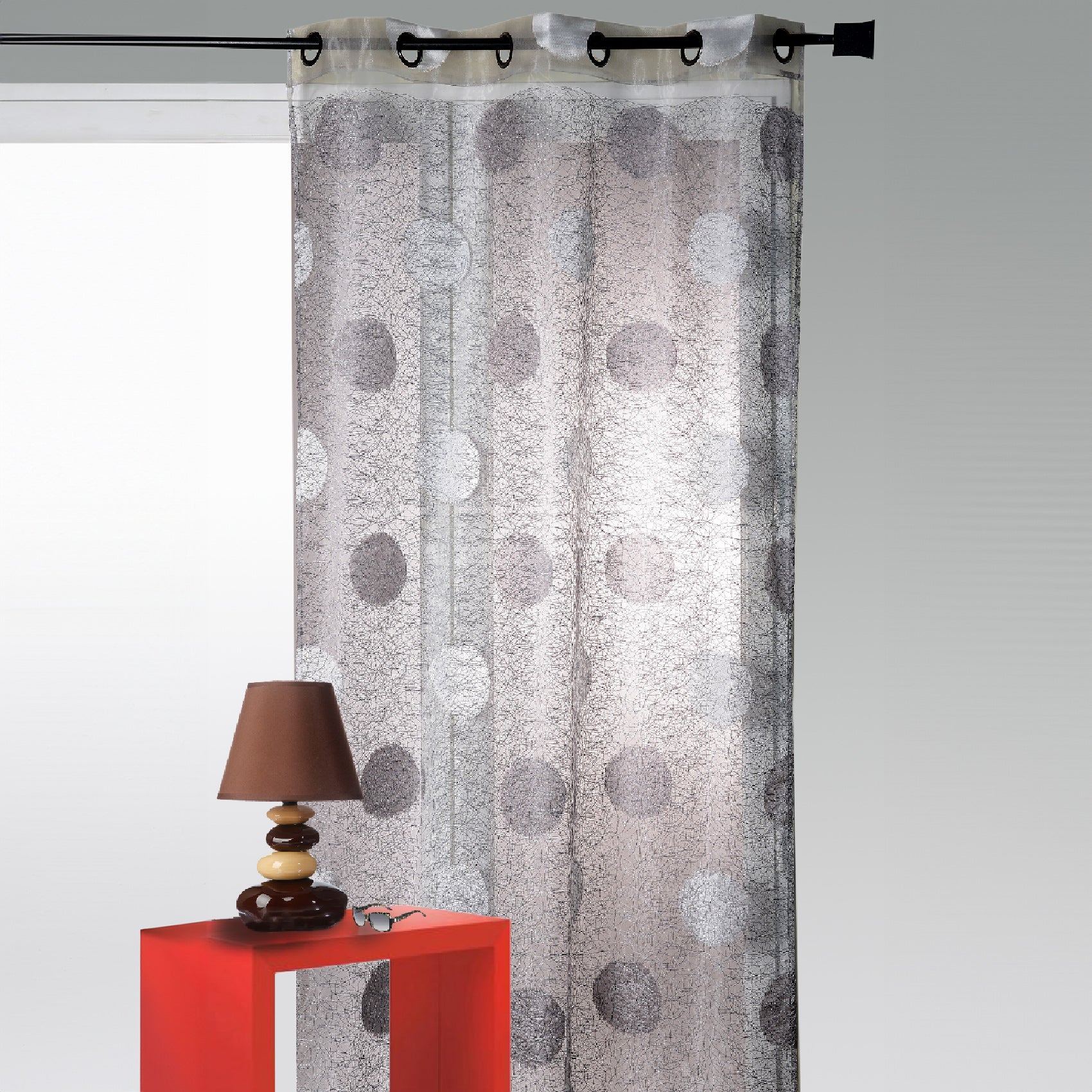 Voilage en Organza Jacquard brodé motif gros rond - Gris clair ...