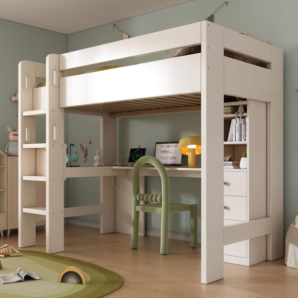 Wysokie łóżko dziecięce 90×200 cm, białe – biurko w kształcie litery L, półki, szuflady, miejsce do ładowania USB/Type-C, drabinka, konstrukcja