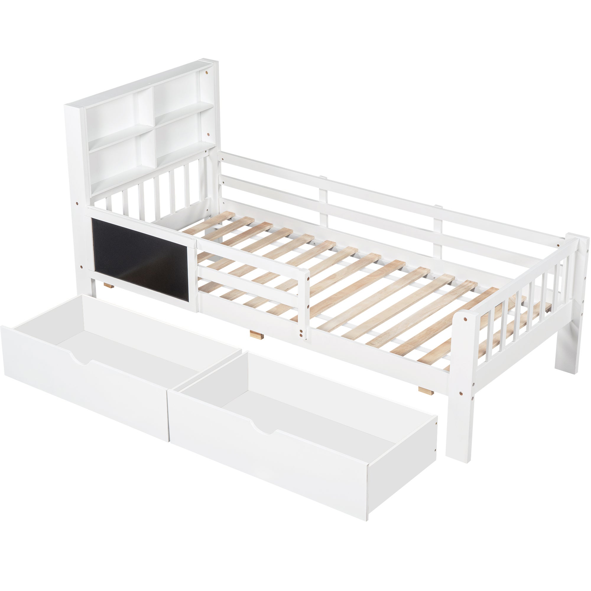 Łóżko dziecięce 90 x 200 cm z zagłówkiem i barierkami - 2 szuflady i półki - Drewno lite + MDF - Kolor biały (materac nie jest wliczony w cenę) - 7