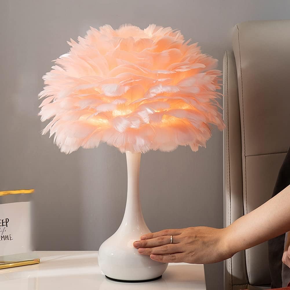 Lampa z piór strusia nowoczesna lampka nocna różowa lampa stołowa do sypialni lampa biurowa do domu różowa lampka nocna