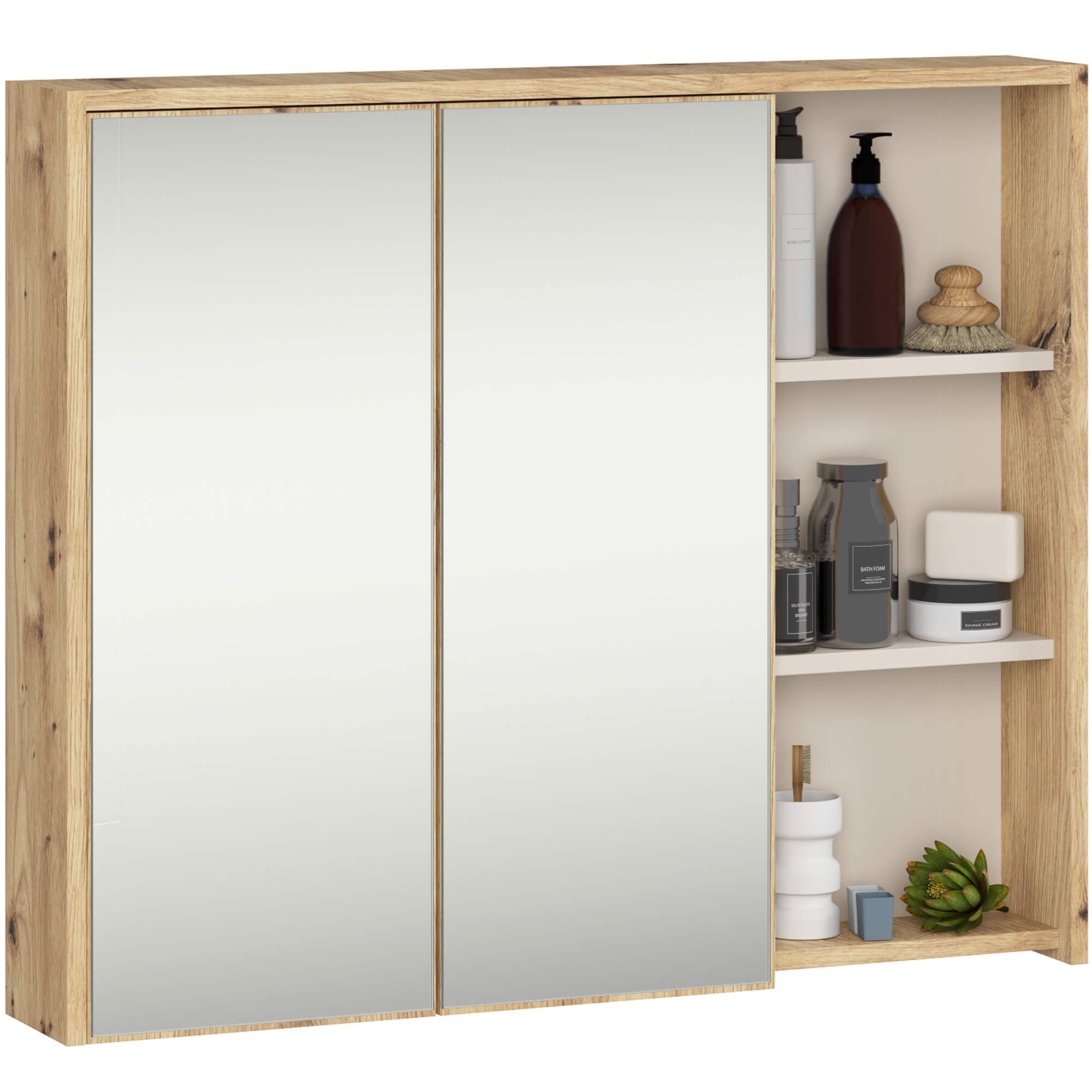 Szafka łazienkowa wisząca z lustrem AKORD VAMI Dąb Artisan, Kaszmir 90 cm 2 drzwi 6 półek 90x75x15 cm