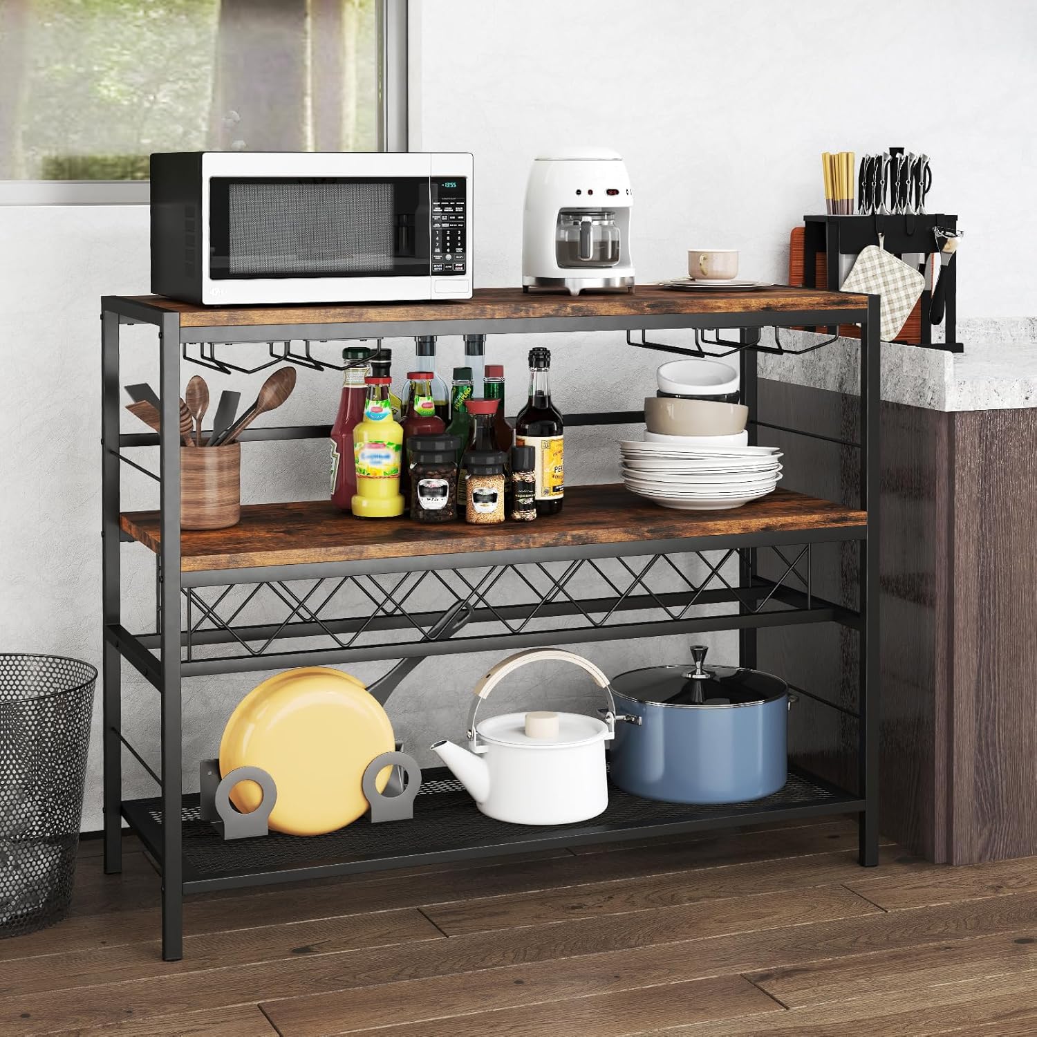 Mobile Portabottiglie di Vino e Calici da Terra, Scaffale Porta Vino su 3 Ripiani con Supporti per Bicchieri e Bottiglie, Tavolo Porta Vino da - 5