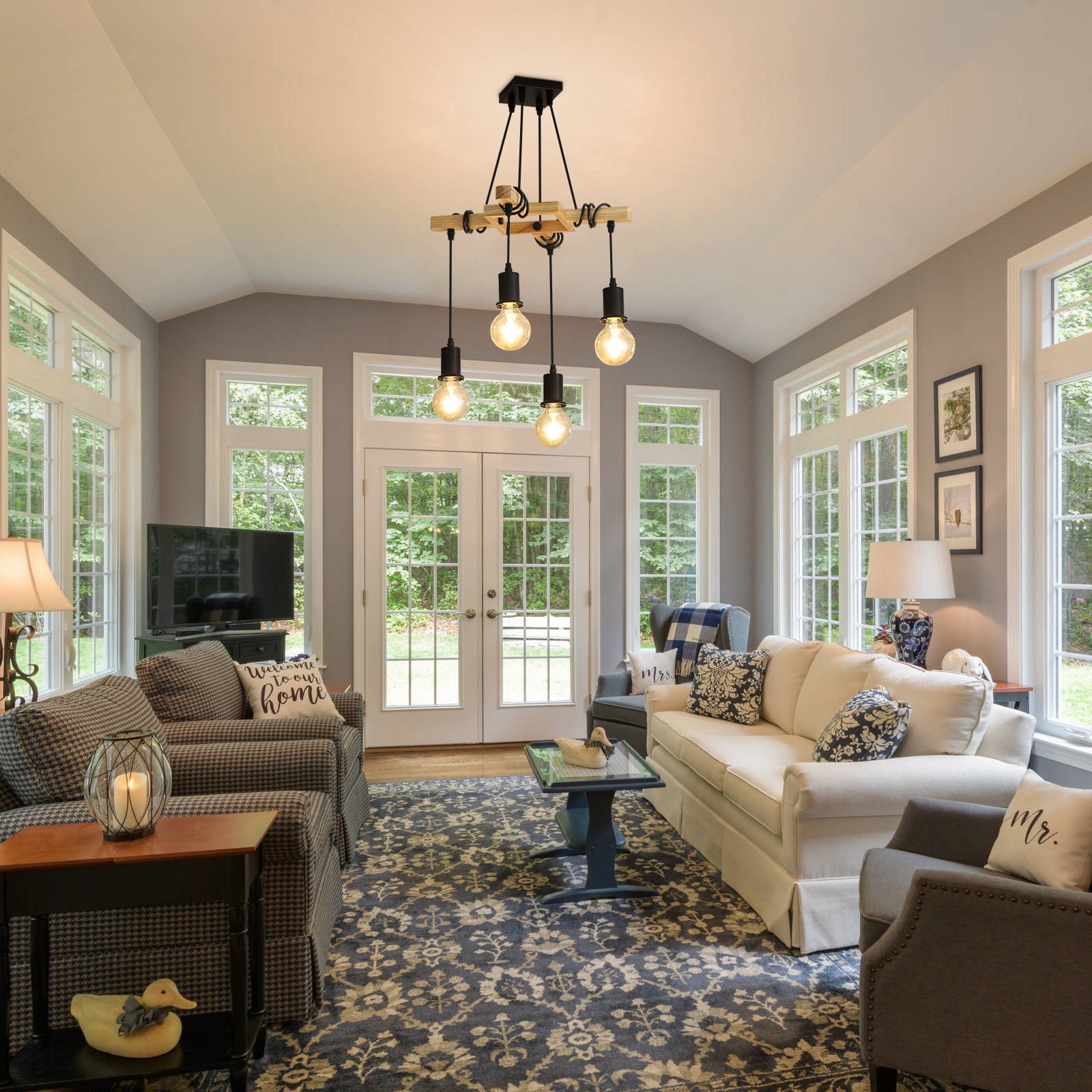 GOECO Suspension Luminaire Industrielle, Luminaire Plafonnier Vintage en Bois Noir, 4 culots E27, Lustre Industrielle pour salon Salle à manger - 6