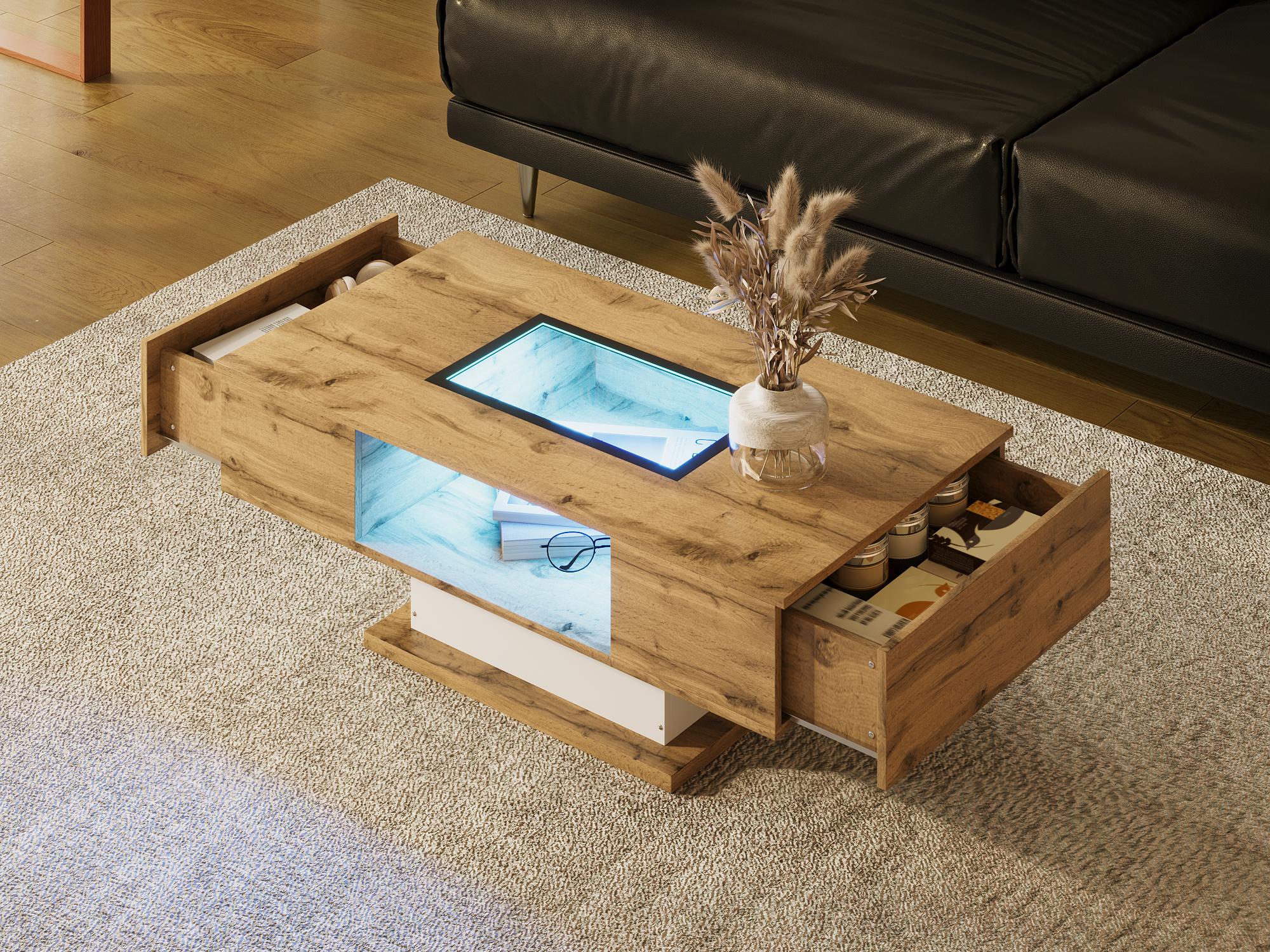 Stolik kawowy z LED - MDF - 2 szuflady - Naturalny