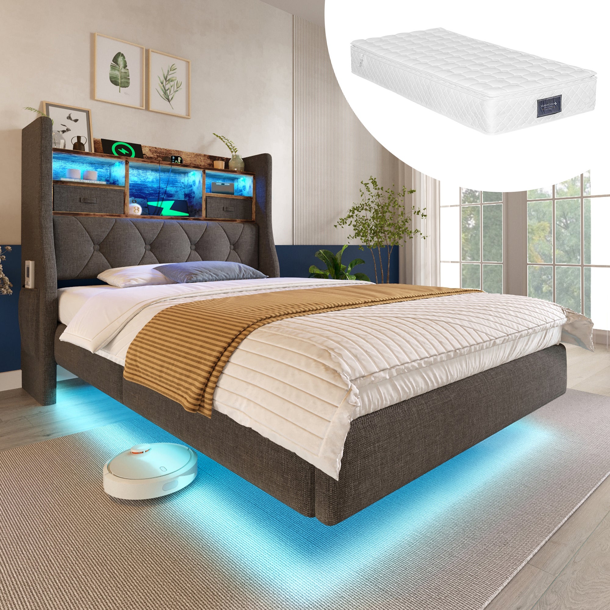 Łóżko tapicerowane 90x200 cm, łóżko wiszące z oświetleniem LED, łóżko pojedyncze z zagłówkiem ze schowkiem i stelażem listwowym, szare, z materacem