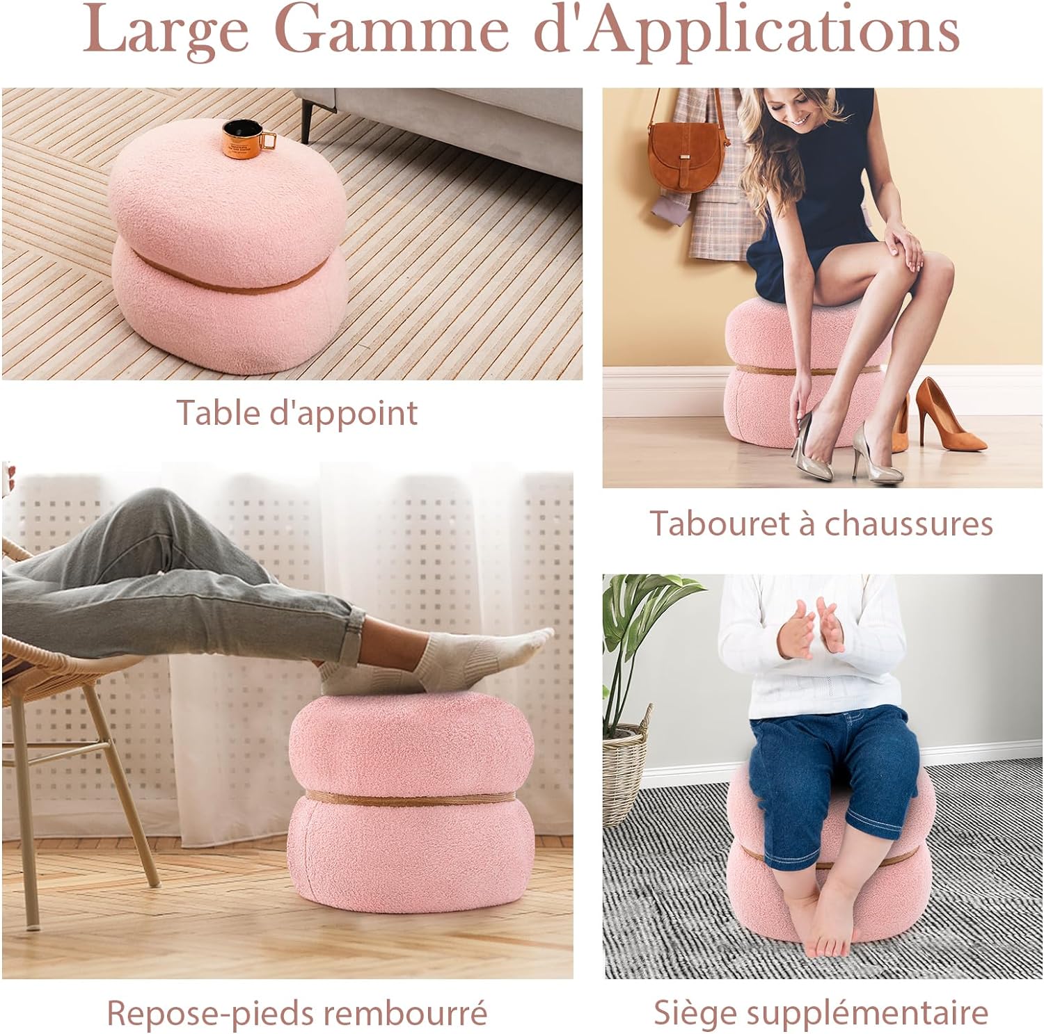 Tabouret de Coiffeuse en Fausse Fourrure, Pouf, Repose-Pieds Rembourré, Base Stable et Patins Antidérapants, Max.300kg, 44x35x35cm, Rose - 5