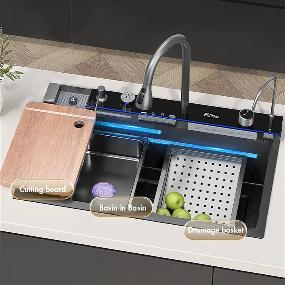 Set lavello da cucina con display digitale intelligente, purificatore d'acqua a cascata, distributore di sapone, lavabicchieri - 3