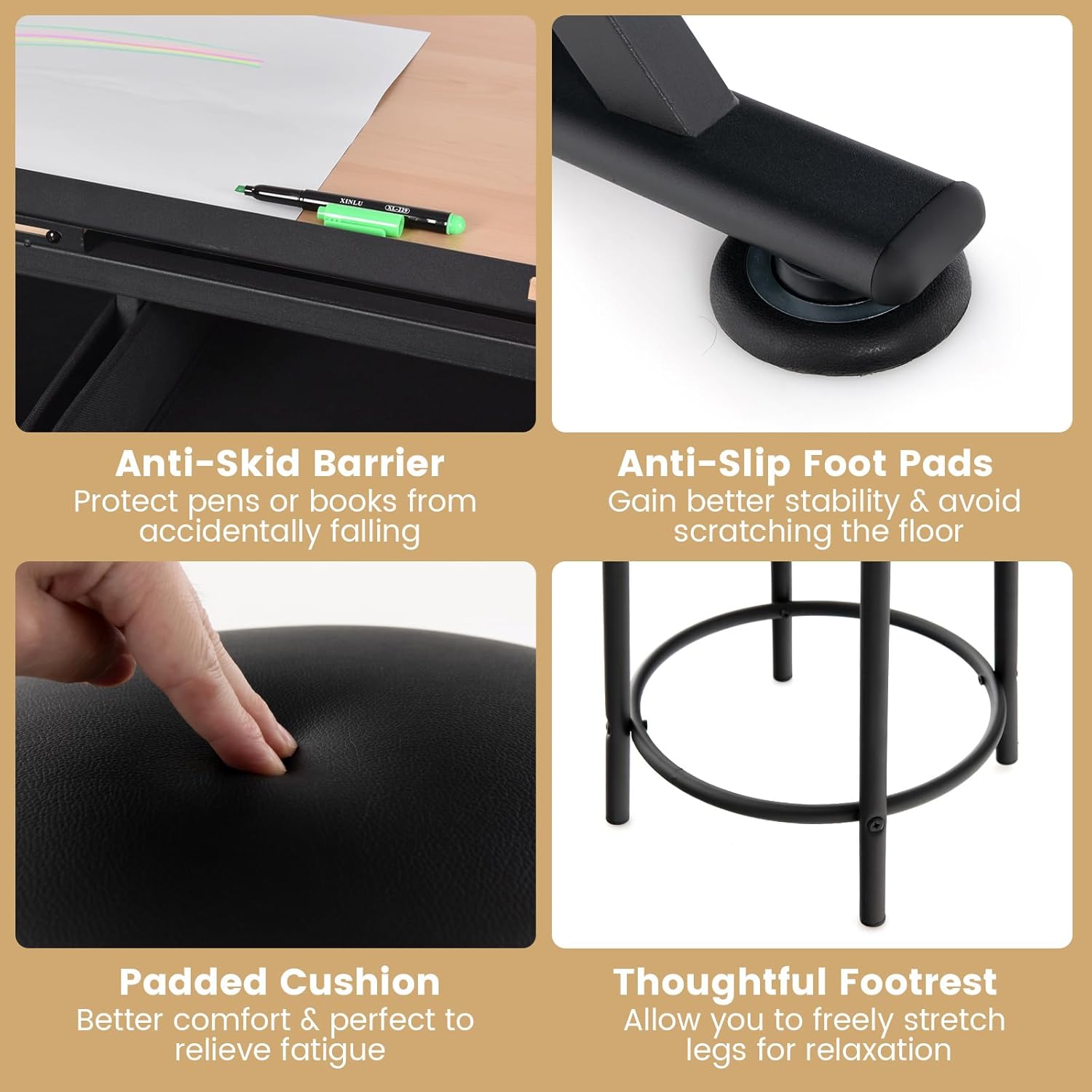 Table a Dessin Inclinable avec Tabouret, Station de Dessin Hauteur Reglable 65-90,5 CM, Plateau Coulissant, 2 Grands Tiroirs et Porte-Stylo - 7