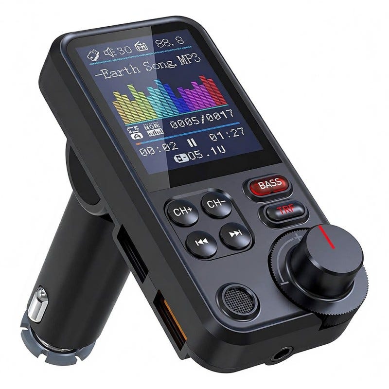 Trasmettitore FM Bluetooth Auto Con Schermo LCD 1.8″ – Chiamate Vivavoce, 2 Porte USB 18W, Ingresso/Uscita Aux, Lettore SD/TF, Per IPhone E Android