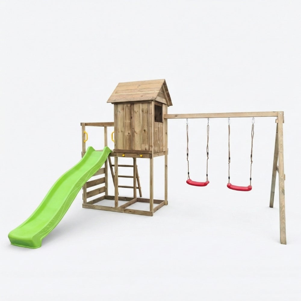 Cabane surélevée en bois pour enfants Maxplay 5 avec toboggan vert, double balançoire et mur d’escalade - 4