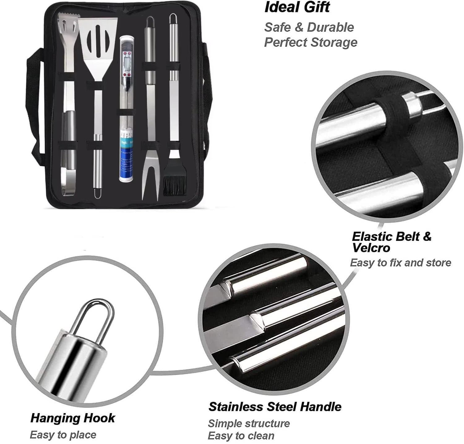 Ensemble d'ustensiles de barbecue 5 en 1, 5 pièces en acier inoxydable avec thermomètre pour camping, barbecue, pique-nique - 2