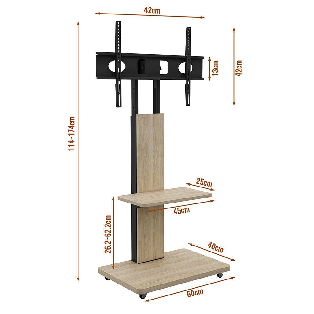 Meuble TV mobile réglable avec rangement,60x40cm,naturel,pour TV 32-75 pouces roulettes verrouillables - 7