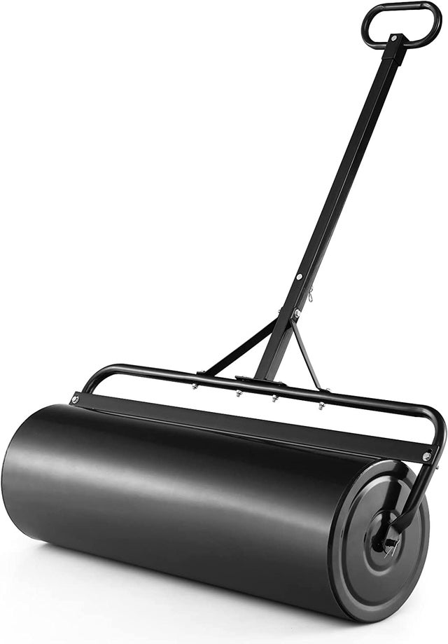 Rouleau à Gazon de Jardin en Métal 63L Largeur 90 cm, Rouleau de Pelouse Ø 30 CM avec Poignée de Préhension Détachable, Rempli d'eau/Sable, Noir