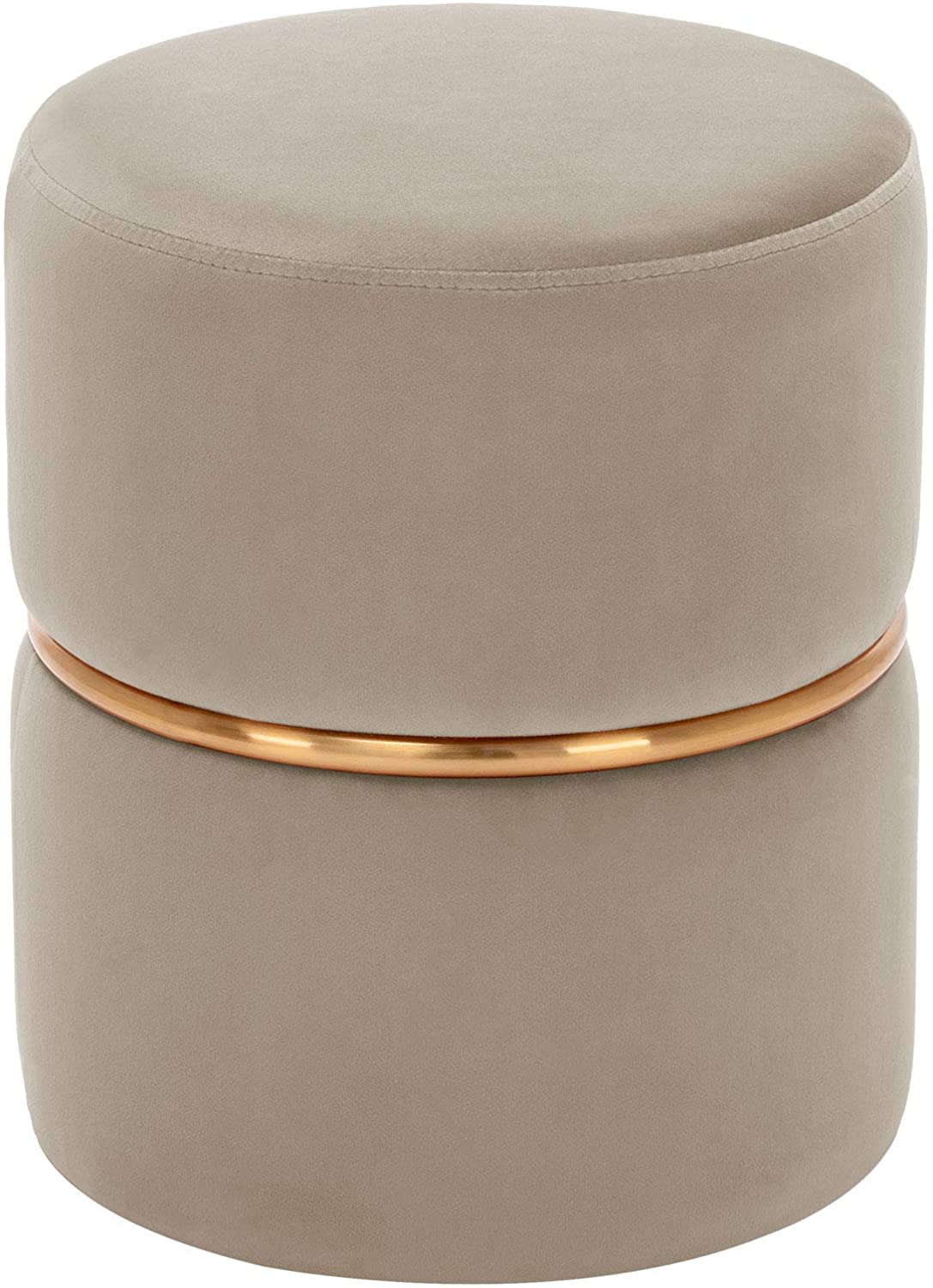 Taburete redondo tapizado con puf con cuello metálico dorado en tejido de terciopelo beige tabo09063