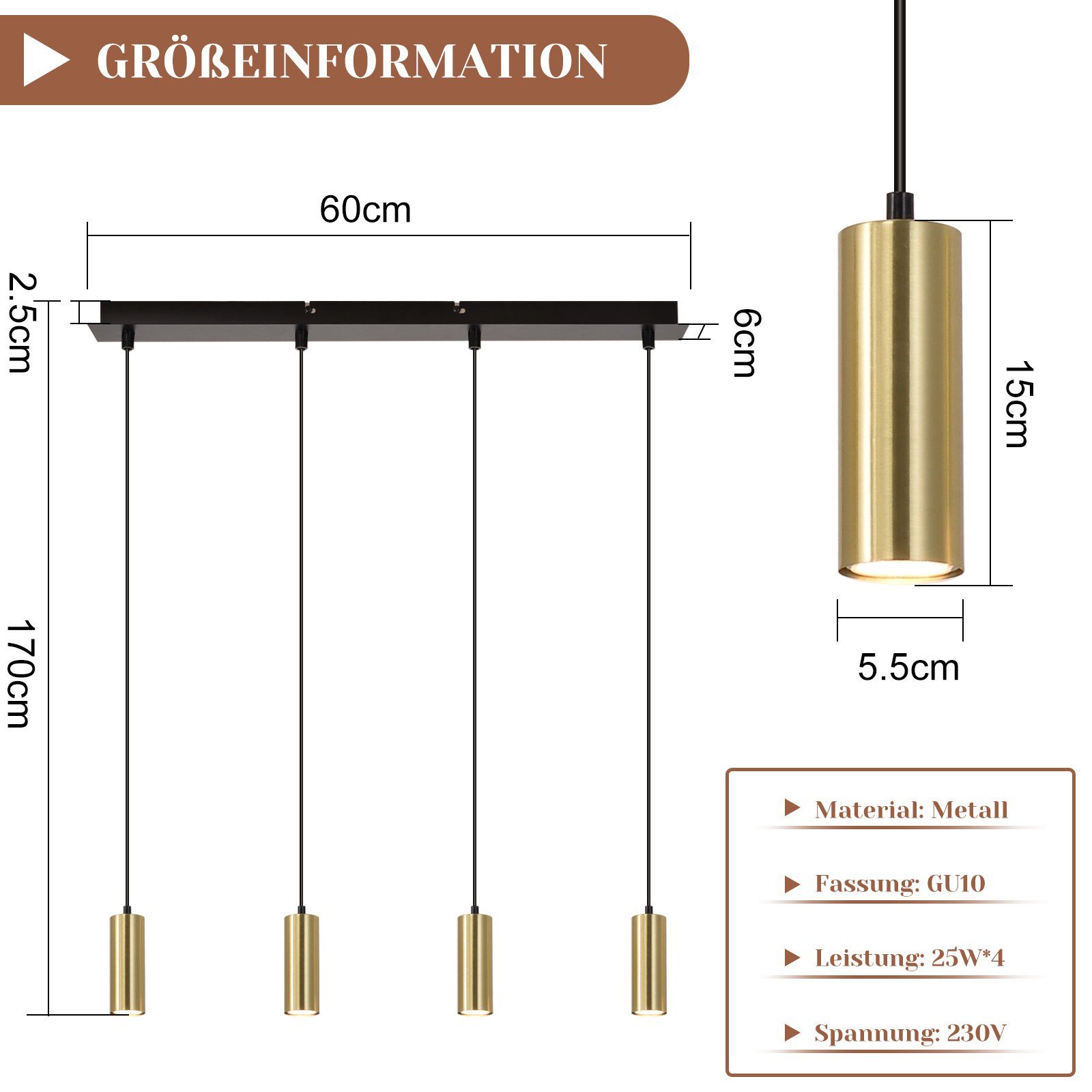ZMH Suspension Lustre Doré GU10 Retro 170cm métal 4 lumières style industriel - 3