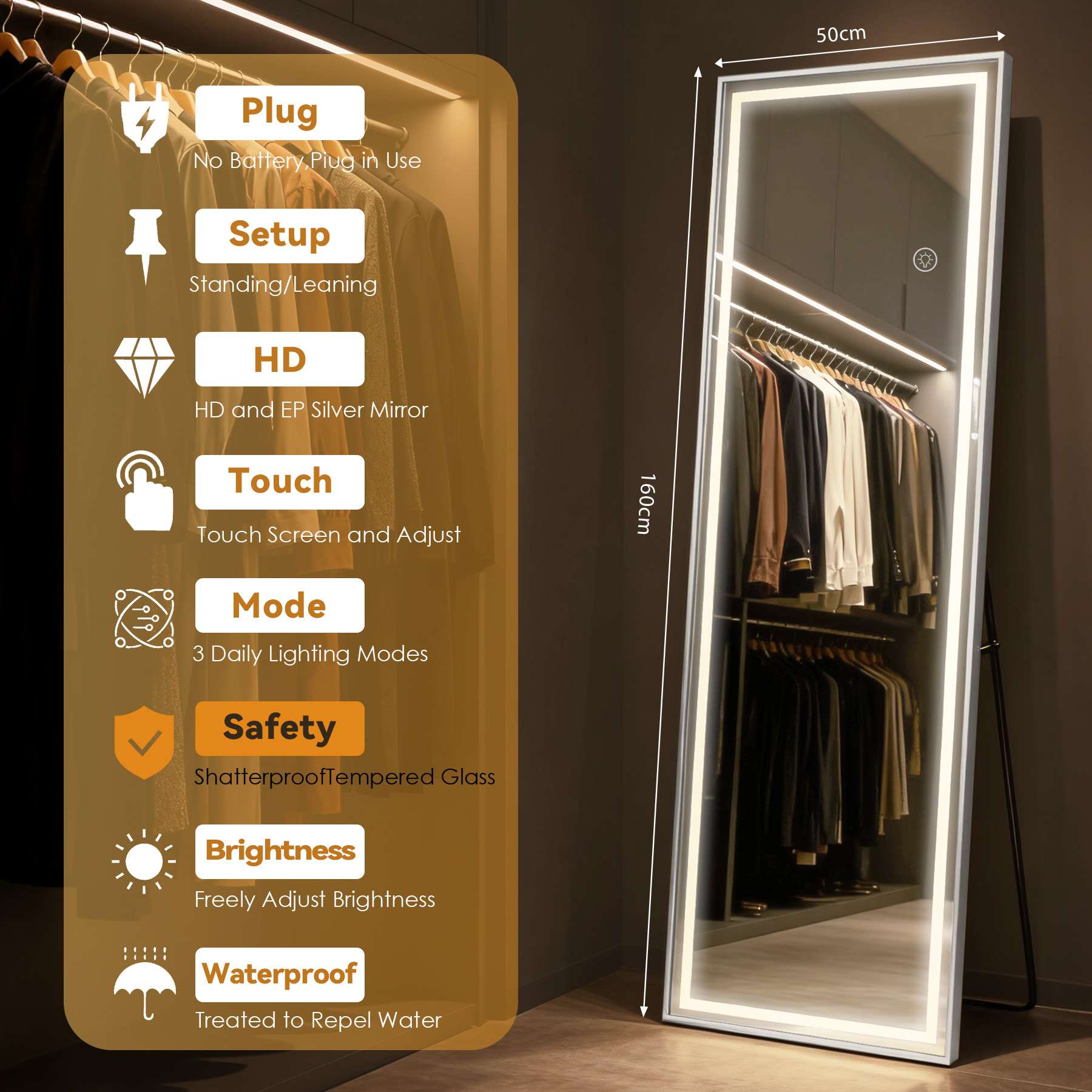 Miroir intelligent avec lumière LED 160×50 cm, miroir argent HD, 3 couleurs réglables, touche tactile pour maquillage et dressing - 4