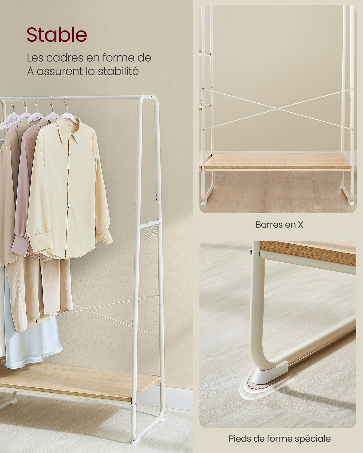 VASAGLE Porte-manteau sur Pieds, Meuble Chaussure Entrée, Vestiaire, avec 5 Étagèress de Rangement, 6 Crochets, Couleur Chêne et Blanc - 4