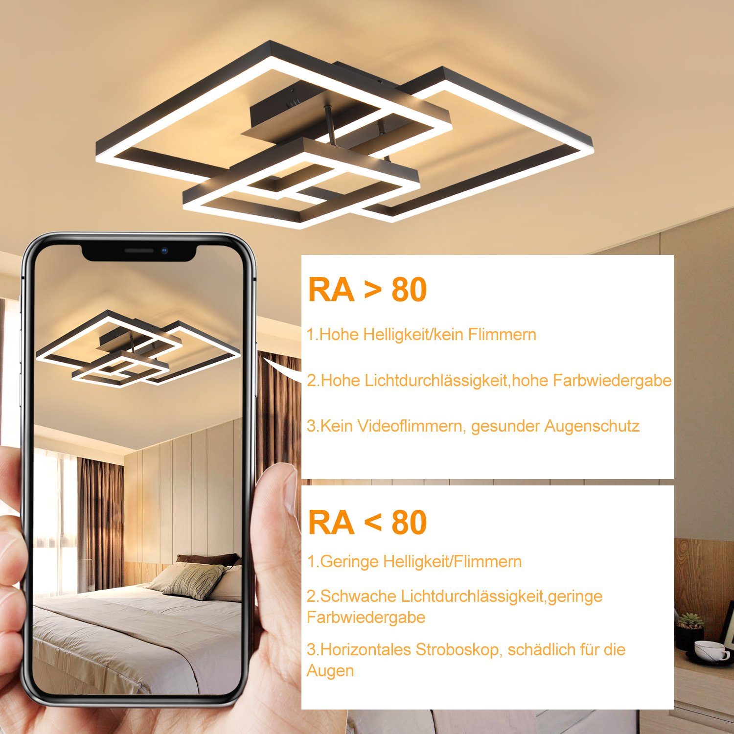 NETTLIFE Lámpara de Techo LED Lámpara de Sala de Estar Regulable Negra con Control Remoto 84W Lámpara de Dormitorio Moderna para Cocina Oficina - 6