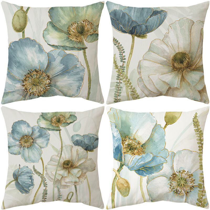 Funda de cojín de exterior 45x45 cm, juego de 4 fundas de cojín impermeables con estampado floral amarillo y azul
