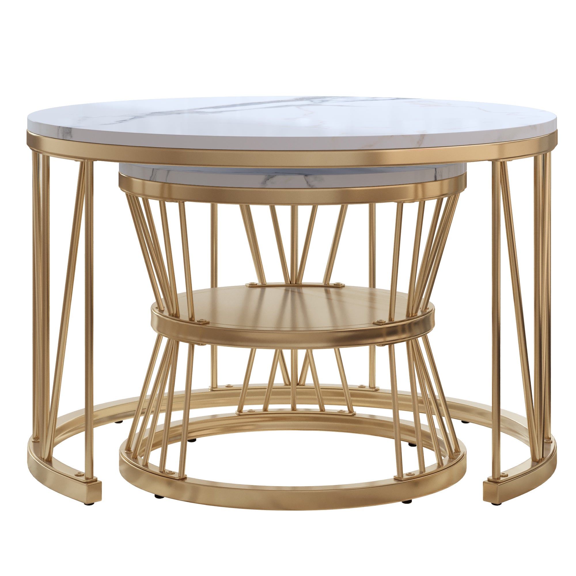 Ensemble de 2 Tables Basses Rondes, Tables Gigognes de Salon Modernes avec Pieds en Métal Doré, Blanc et Or(70 x 45cm) - 6