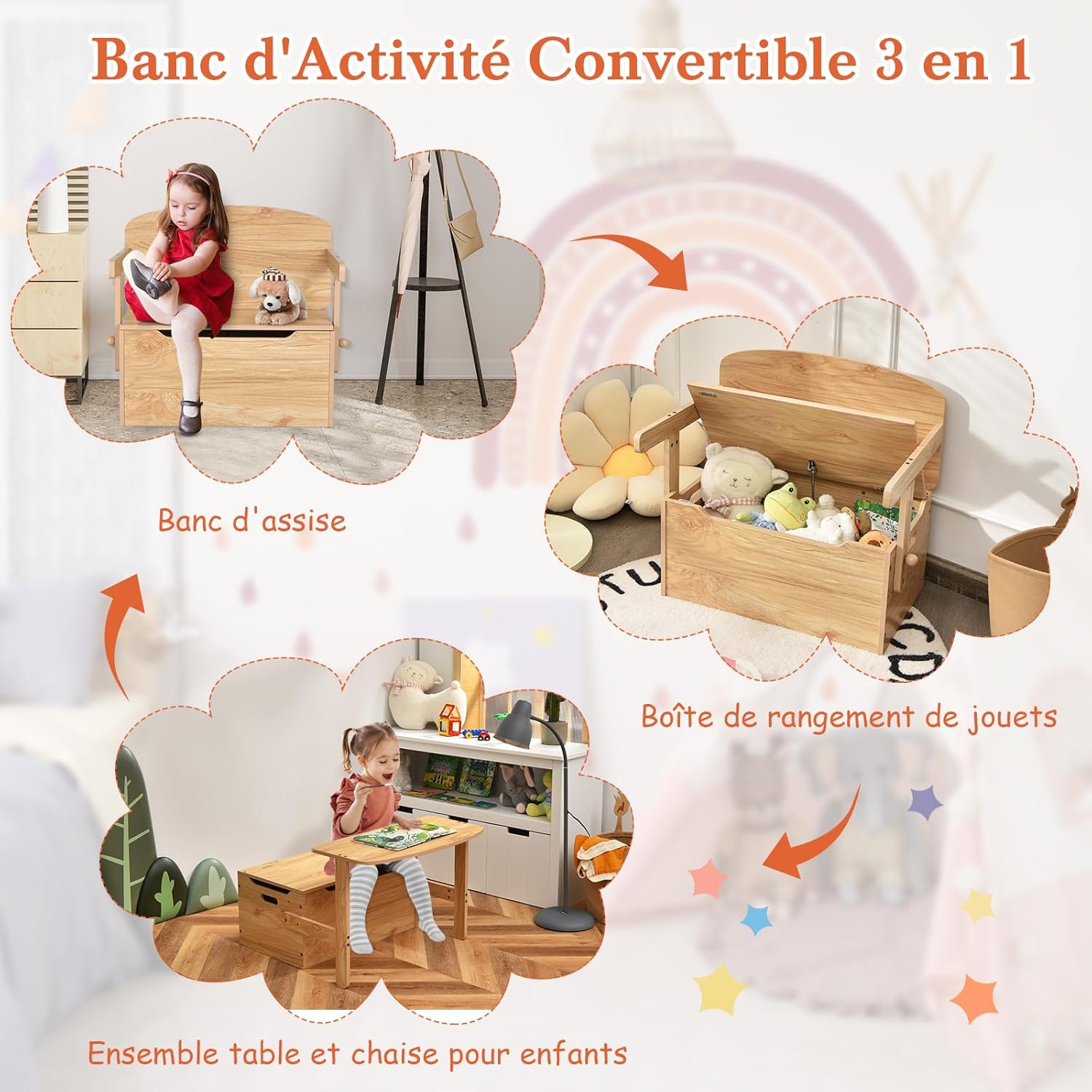 Table Chaise Enfant 3 en 1, Banc Coffre a Jouet Enfant en Bois avec Couvercle, Dossier, Boîte de Rangement, Table d'Activités pour 3-7 Ans (Naturel) - 6