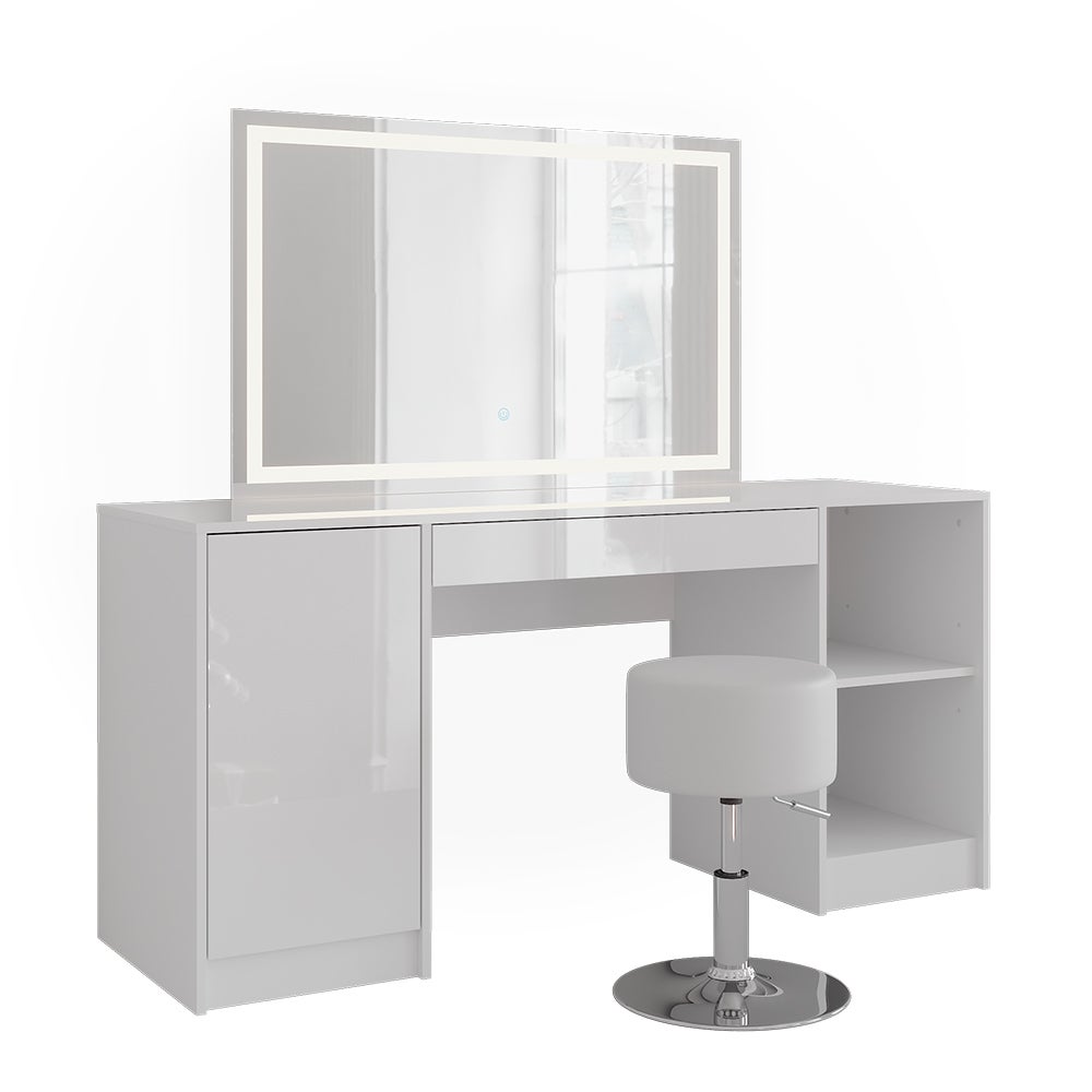 Vicco Stół do toalety Sherry, Biały/biały wysoki połysk, 158.2 cm z lustrem LED i stołkiem